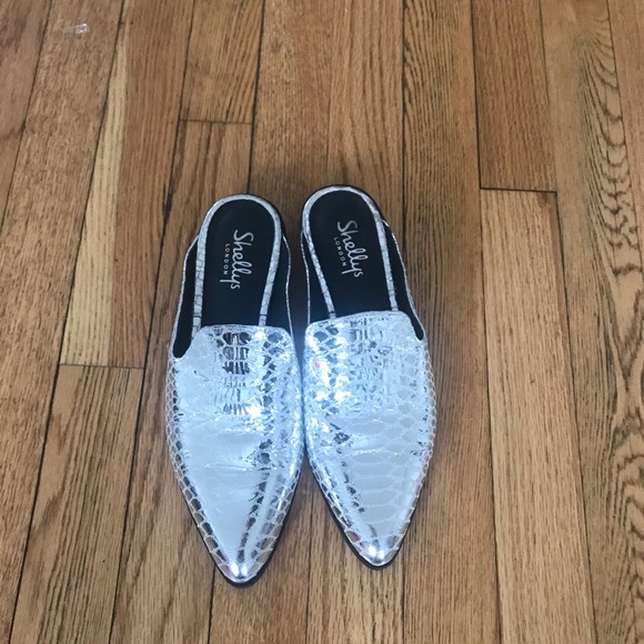 Shellys London Metallic Silver Snake Print Mules - Picture 3 of 5